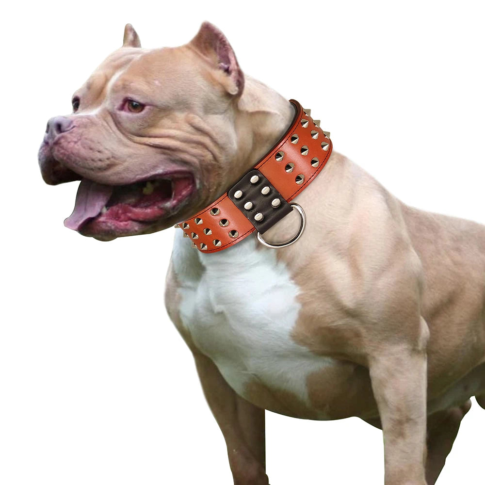 Spiked Leather Dog Collar - Heavy Duty Wide Collar for Large Dogs