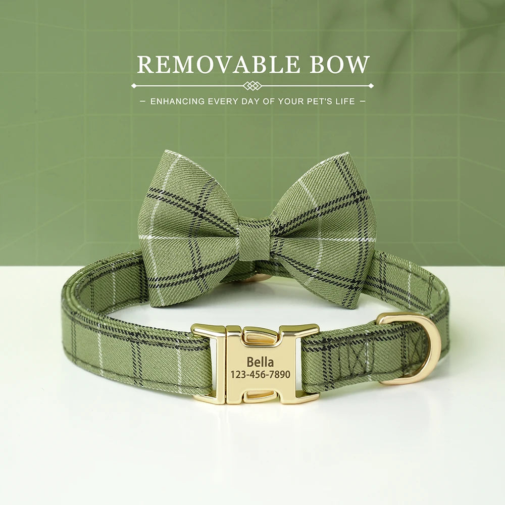Custom Dog Collar Bowknot Engraved Pet ID Nylon Small Medium green