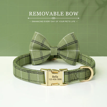 Custom Dog Collar Bowknot Engraved Pet ID Nylon Small Medium green