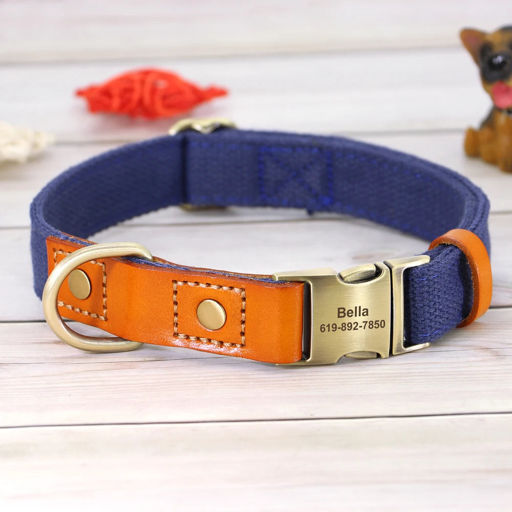 Custom Dog Collar Leash Set Personalized Pet ID Nylon Leather Dark Blue collar
