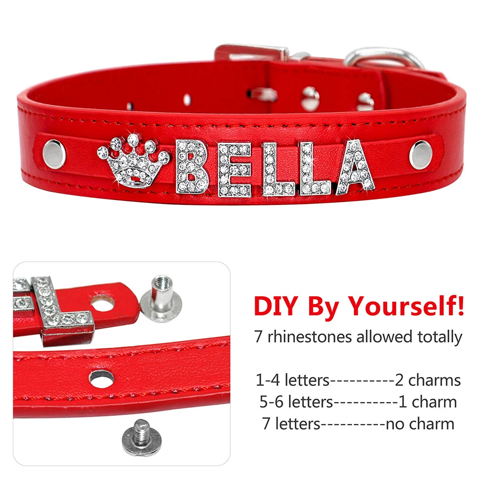 Personalized Dog Collar and Leash Set with Rhinestone Charm - Custom Pet Collar for Small to Large Dogs