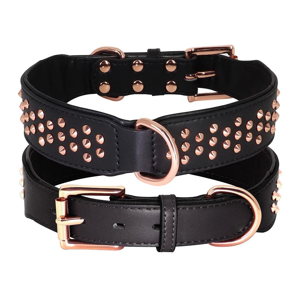 Spiked Leather Dog Collar - Adjustable Metal Rivet Pet Accessory Black