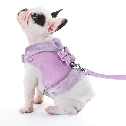Winter Dog Harness Set - Warm Fur Vest with Bowknot & Leash