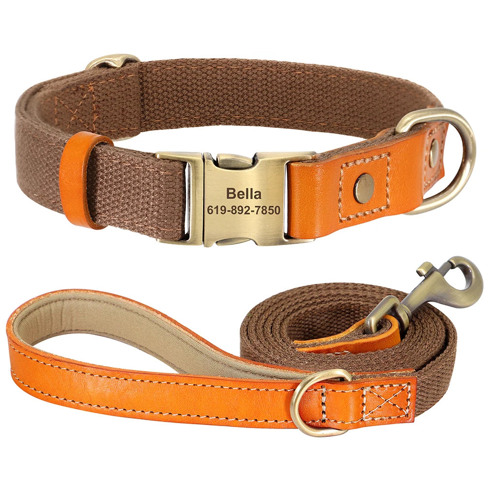 Custom Dog Collar & Leash Set - Personalized Pet ID Nylon Leather Brown