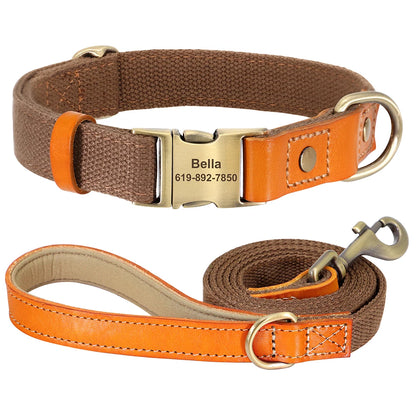 Custom Dog Collar & Leash Set - Personalized Pet ID Nylon Leather Brown