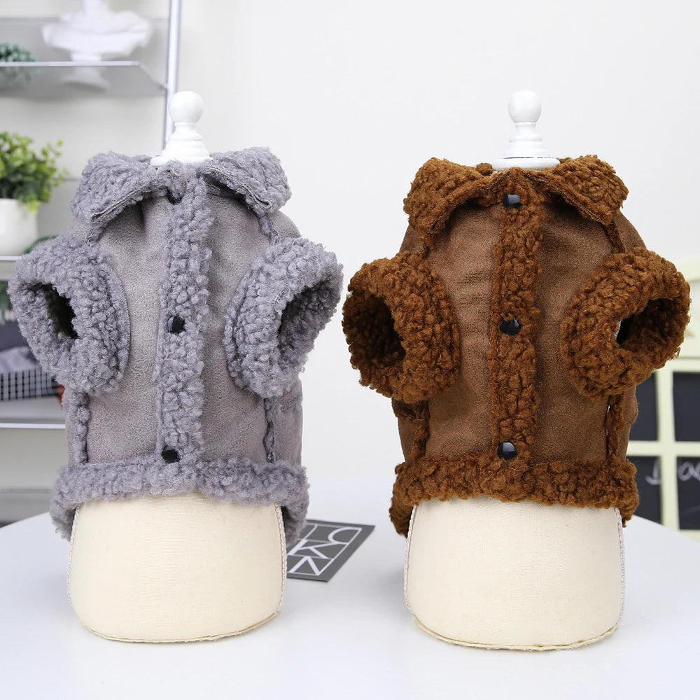 Winter Dog Jacket with Warm Fur Collar - Suede Pet Coat