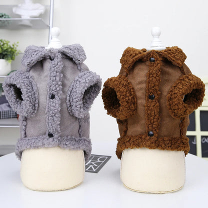 Winter Dog Jacket with Warm Fur Collar - Suede Pet Coat