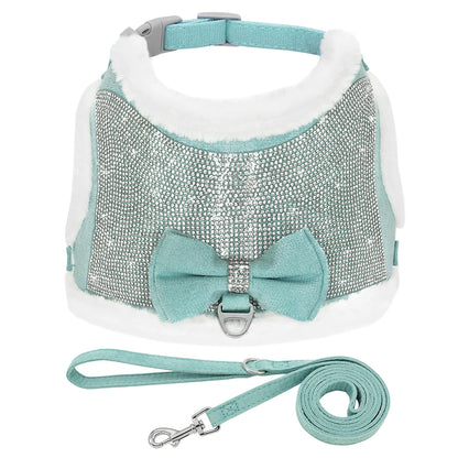 Bling Rhinestone Dog Harness and Leash Set with Bowknot - Warm Padded Vest Blue