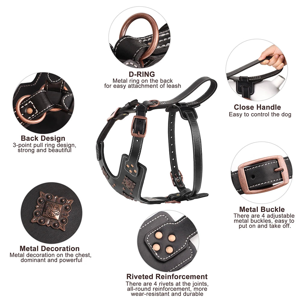 Genuine Leather Dog Harness Large Dogs - Durable Training Vest Metal