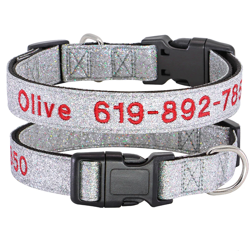 Personalized Reflective Dog Collar - Custom Embroidered Name & Phone 34 Silver