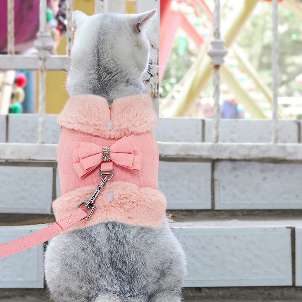 Winter Dog Harness Set - Warm Fur Vest with Bowknot & Leash