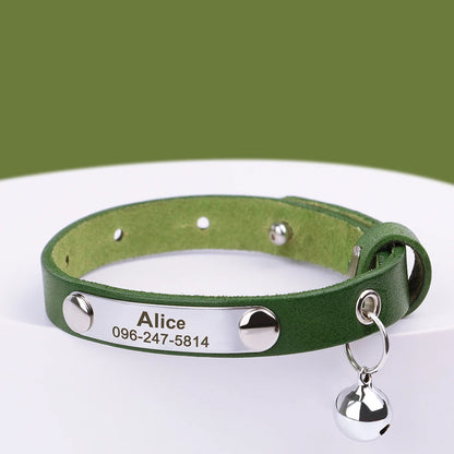 Personalized Leather Cat Collar with Bell - Custom Engraved Pet ID Green 15-23cm