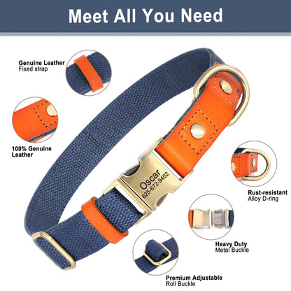 Custom Dog Collar with ID Tag - Personalized Nylon Leather Pet