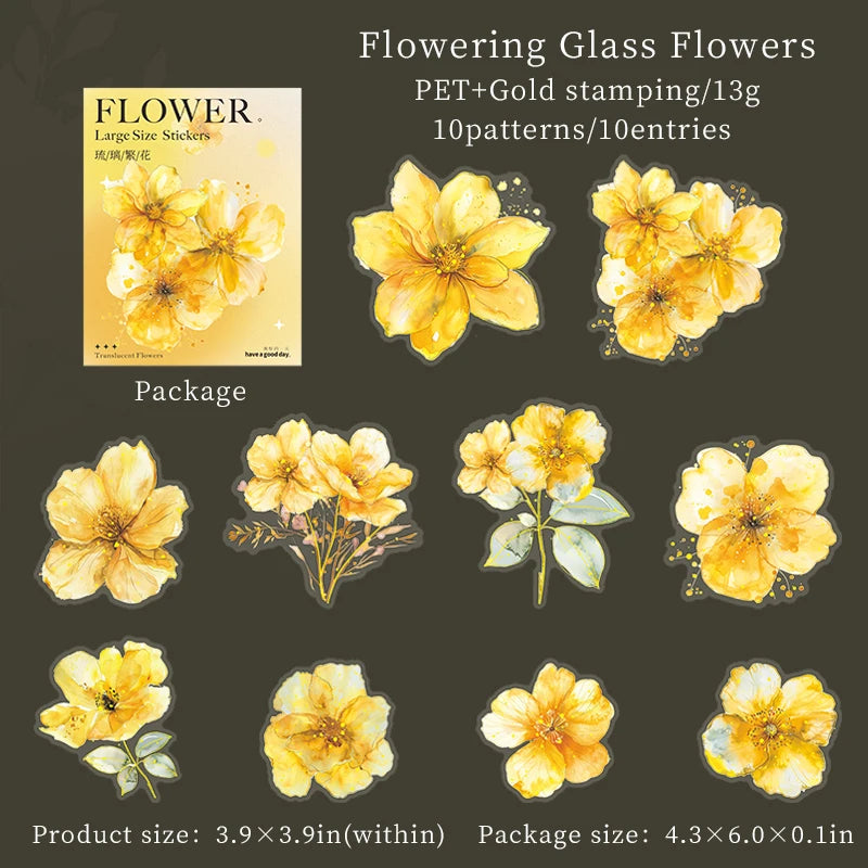 Bronzing Flower Stickers 10 Pcs - Transparent PET Scrapbook Journaling Supply 3