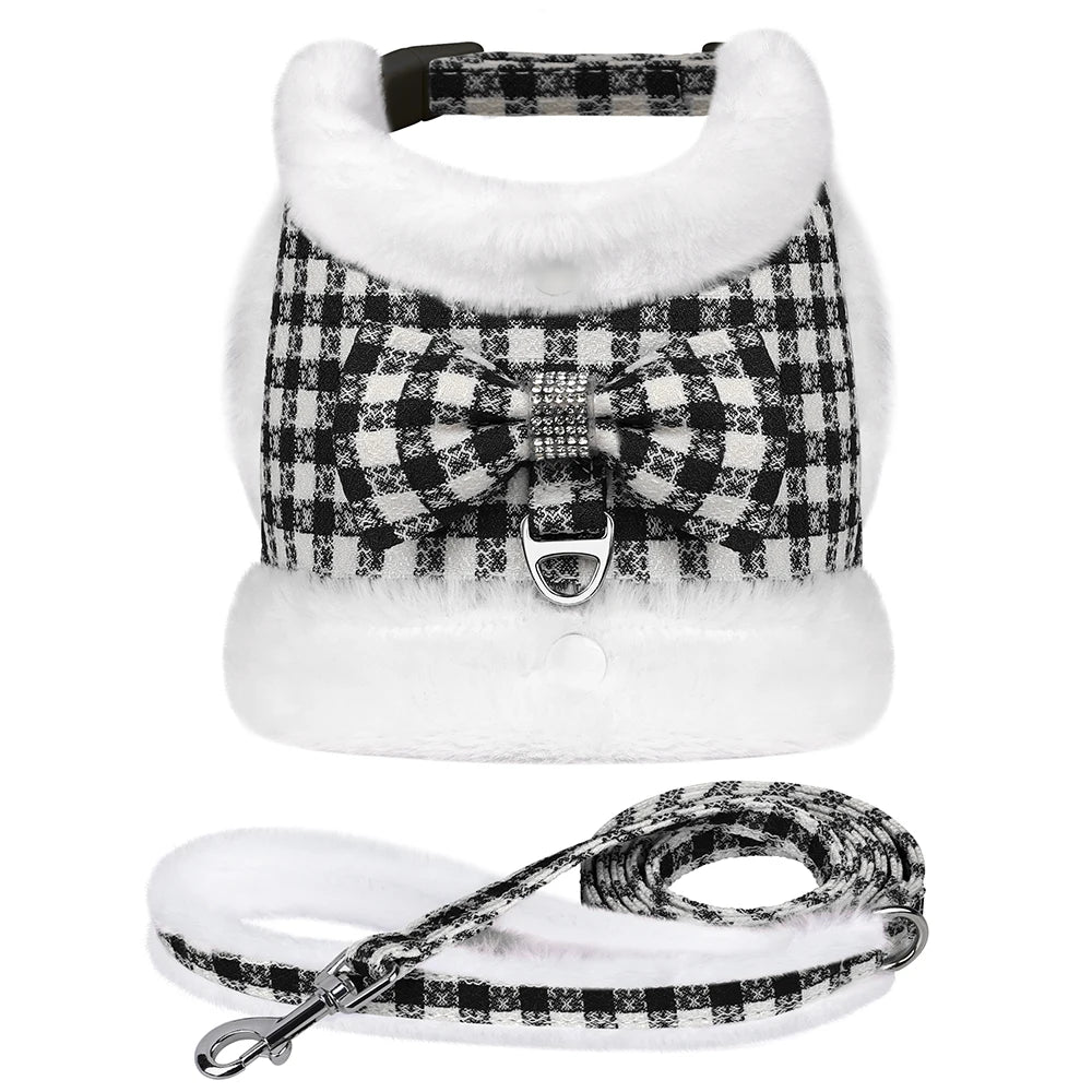 Warm Plaid Dog Harness Set with Removable Fur Collar & Leash Black
