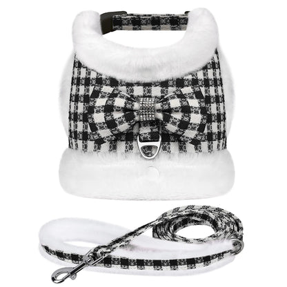 Warm Plaid Dog Harness Set with Removable Fur Collar & Leash Black