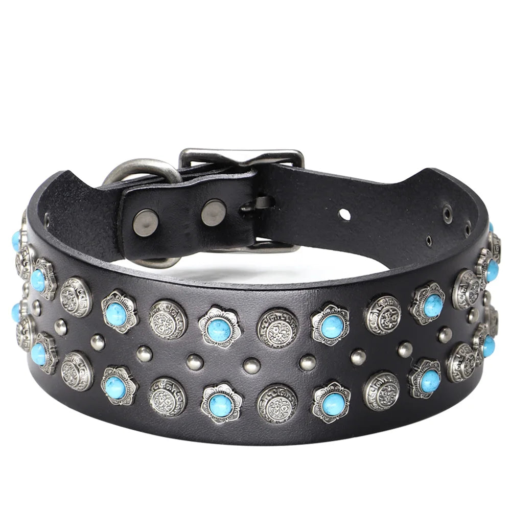Luxury Leather Dog Collar 2 Inch Wide Diamond Spike - Large Dogs Blue