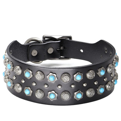 Luxury Leather Dog Collar 2 Inch Wide Diamond Spike - Large Dogs Blue