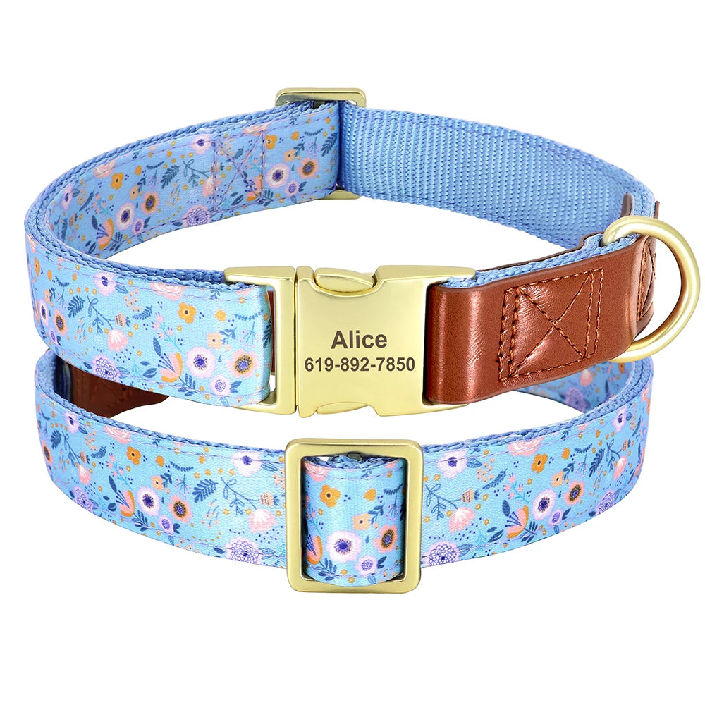 Custom Engraved Dog Collar - Personalized Flower Print Pet ID Collar Blue