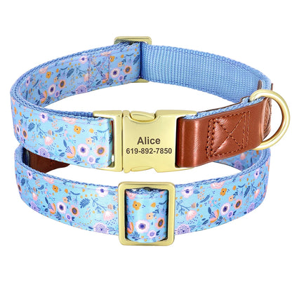 Custom Engraved Dog Collar - Personalized Flower Print Pet ID Collar Blue