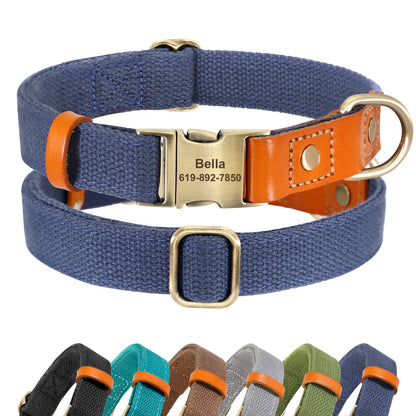 Custom Dog Collar with ID Tag - Personalized Nylon PU Leather Dark Blue