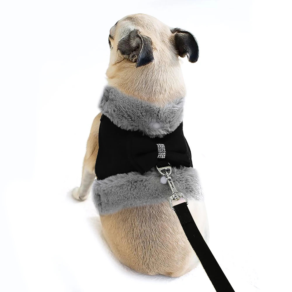 Winter Dog Harness Set - Warm Fur Vest with Bowknot & Leash