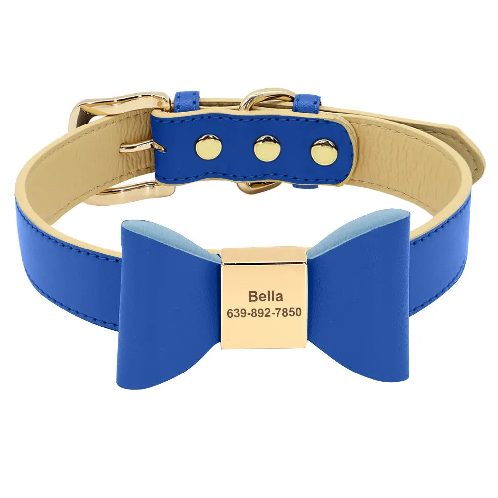 Personalized Dog Collar with Bowknot - Custom Engraved PU Leather KleinBule