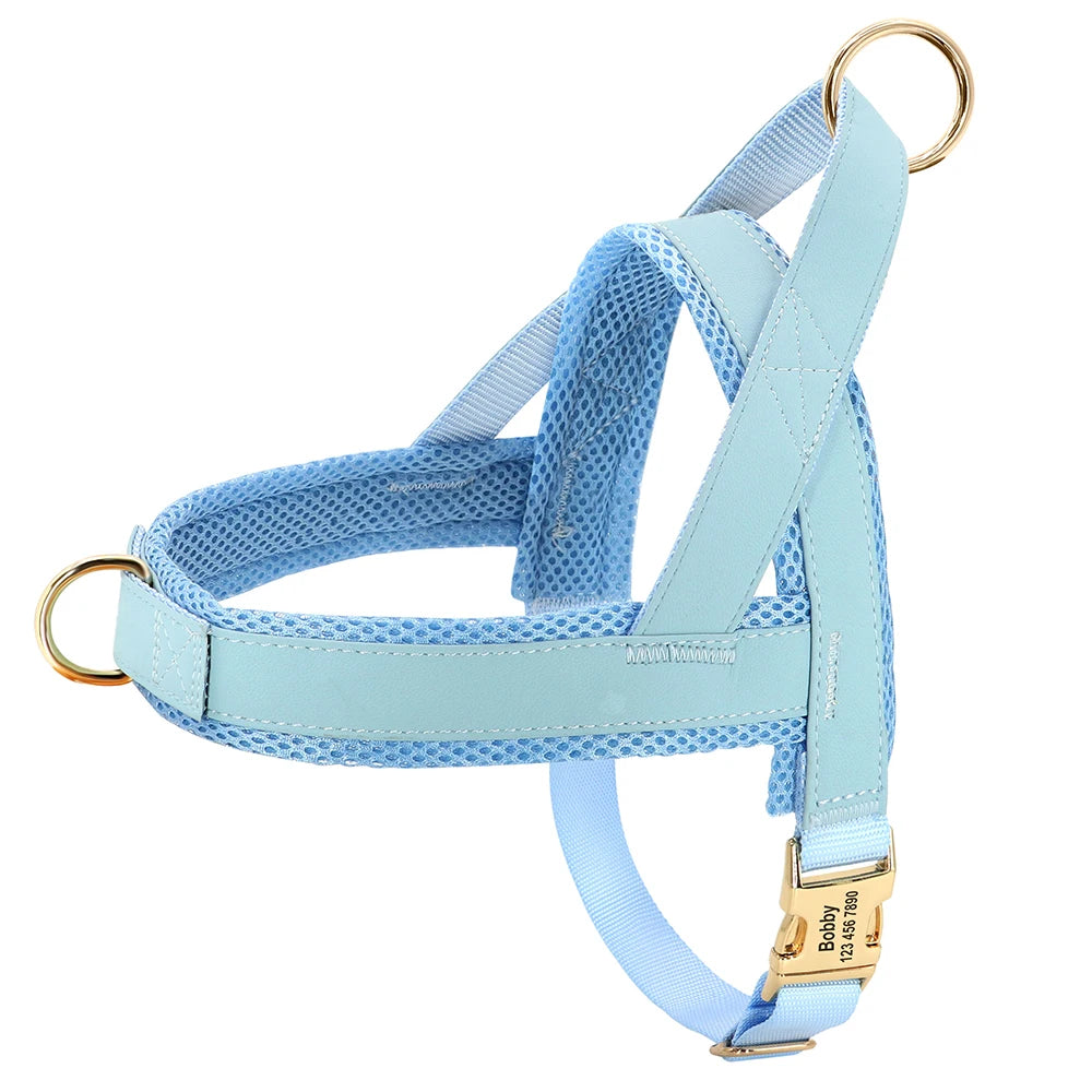 Custom Leather Dog Harness - Personalized No Pull Vest S-XL Blue