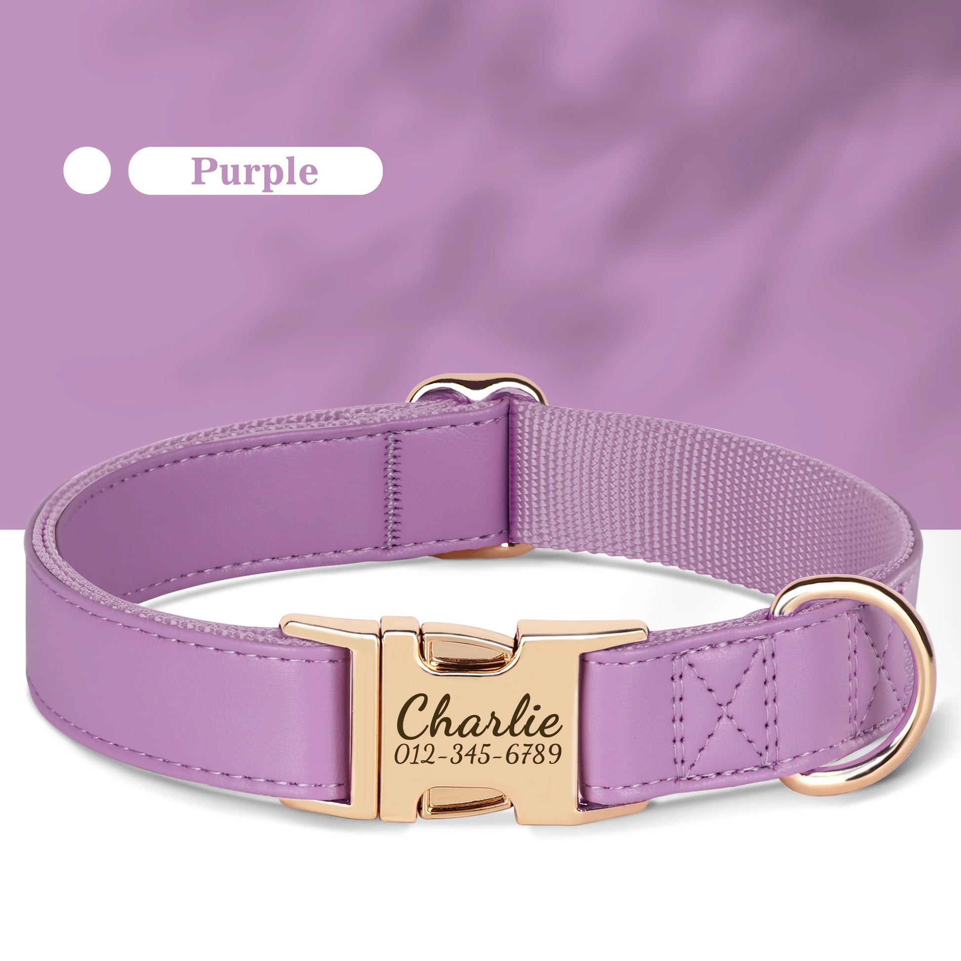Custom Engraved Dog Collar - Personalized PU Leather Pet ID Collar Purple