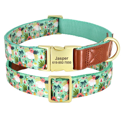 Custom Engraved Dog Collar - Personalized Flower Print Pet ID Collar Green