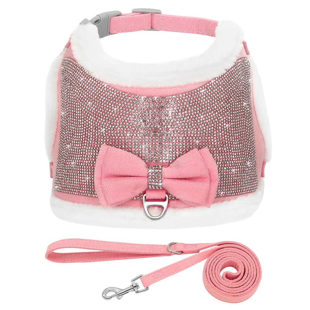 Bling Rhinestone Dog Harness and Leash Set with Bowknot - Warm Padded Vest Pink
