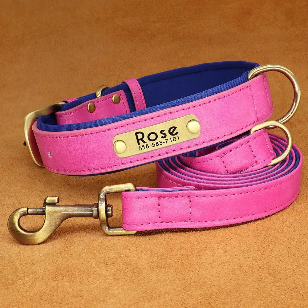 PU Leather Dog Collar Leash Set - Soft Adjustable for Small Dogs Rose Red