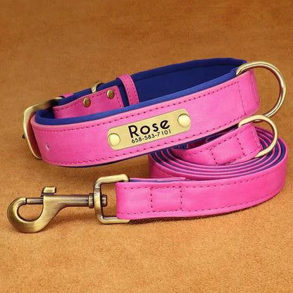 PU Leather Dog Collar Leash Set - Soft Adjustable for Small Dogs Rose Red
