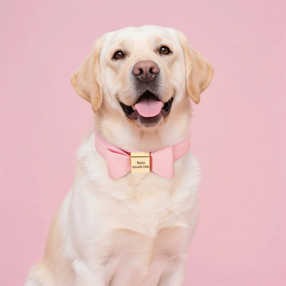 Personalized Dog Collar with Bowknot - Custom Engraved PU Leather