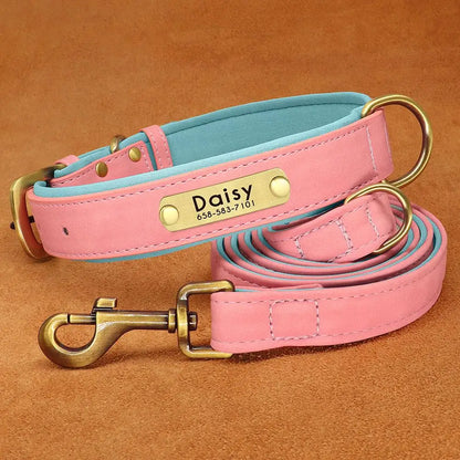 PU Leather Dog Collar Leash Set - Soft Adjustable for Small Dogs Pink