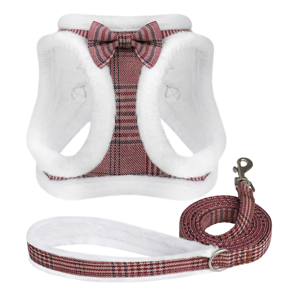 Winter Dog Harness & Leash Set - Warm Fur Vest with Bowknot Brown