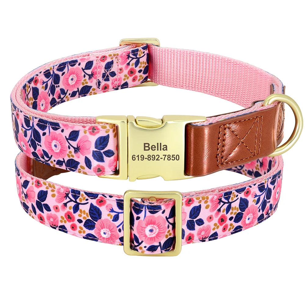 Custom Engraved Dog Collar - Personalized Flower Print Pet ID Collar