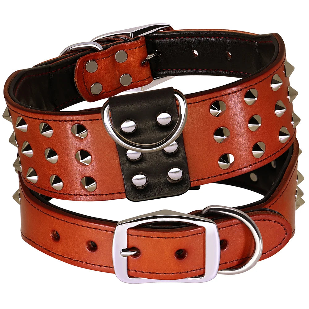 Spiked Leather Dog Collar - Heavy Duty Wide Collar for Large Dogs Brown
