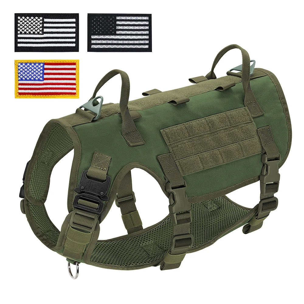 Tactical Dog Harness Military Vest Medium Large Dogs - Durable Nylon Green--US