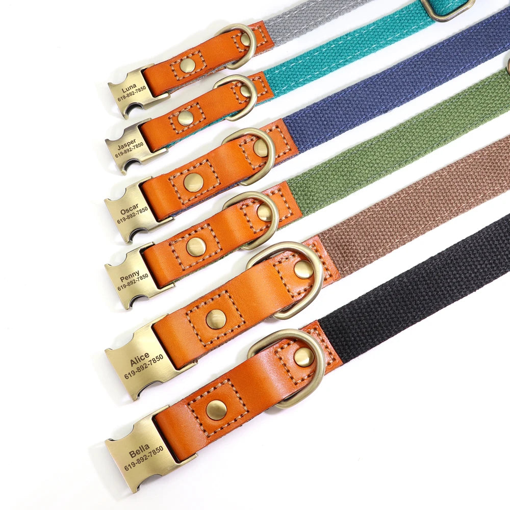 Custom Dog Collar Leash Set Personalized Pet ID Nylon Leather