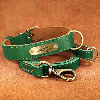Personalized Leather Dog Collar & Leash Set with Free Engraving Green Set