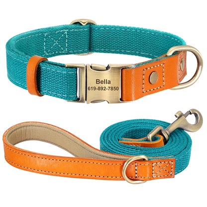 Custom Dog Collar & Leash Set - Personalized Pet ID Nylon Leather Blue