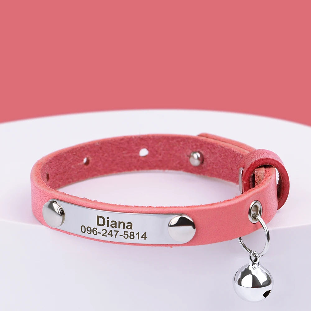 Personalized Leather Cat Collar with Bell - Custom Engraved Pet ID Pink 15-23cm