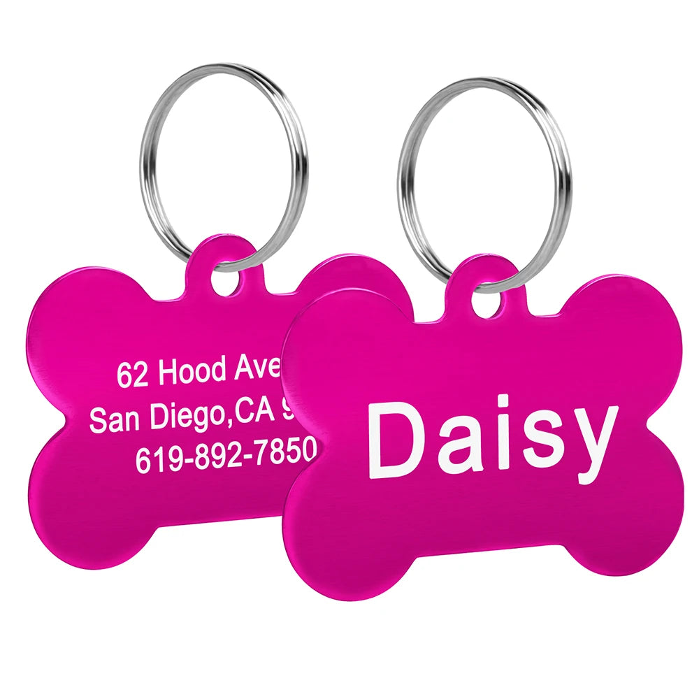 Bone Shaped Dog ID Tag - Custom Engraved Pet Name Aluminum Rose Red