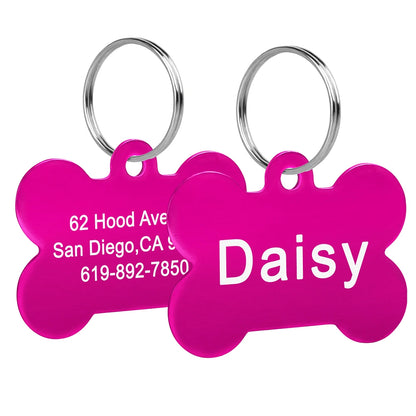 Bone Shaped Dog ID Tag - Custom Engraved Pet Name Aluminum Rose Red