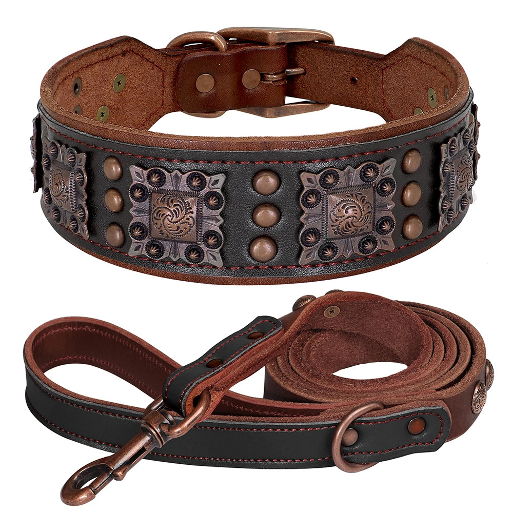 Leather Dog Collar Leash Set Large Dogs - Padded Wide Metal Rivet Black