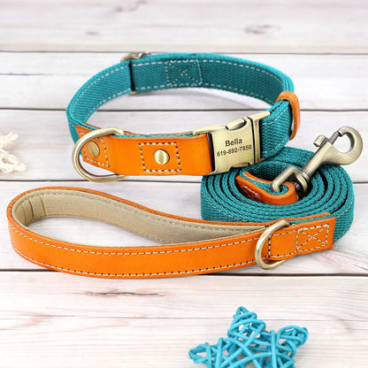 Custom Dog Collar Leash Set Personalized Pet ID Nylon Leather Blue set