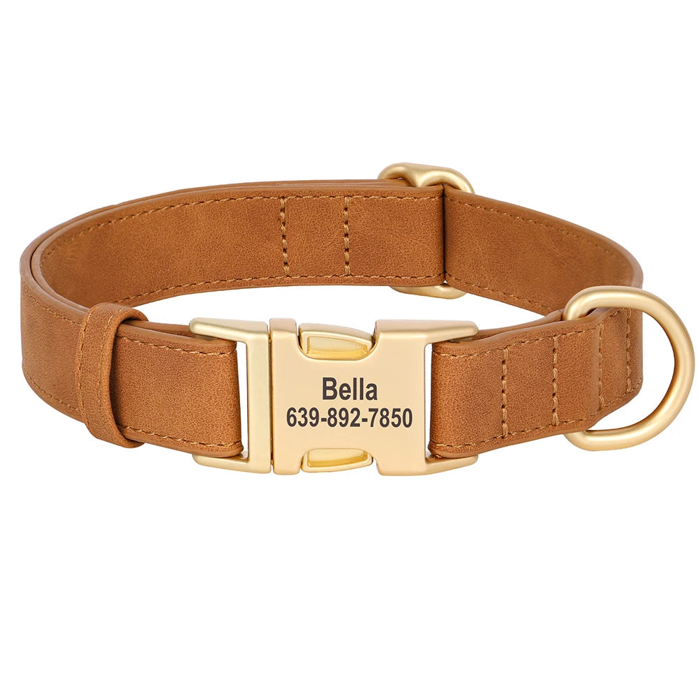 Custom Dog Collar PU Leather Personalized Pet Collar Metal Buckle Brown