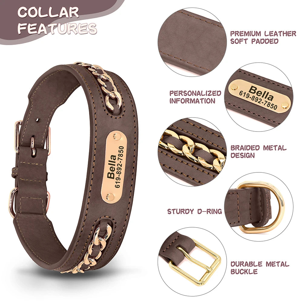 Personalized Leather Dog Collar with Name Tag - Custom ID Collar