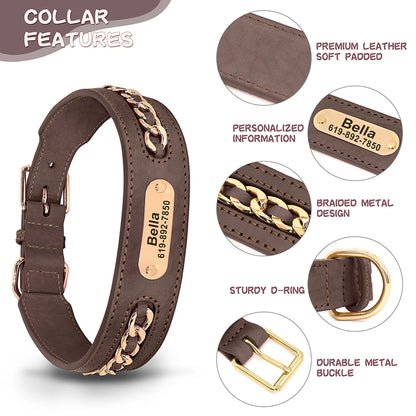 Personalized Leather Dog Collar with Name Tag - Custom ID Collar